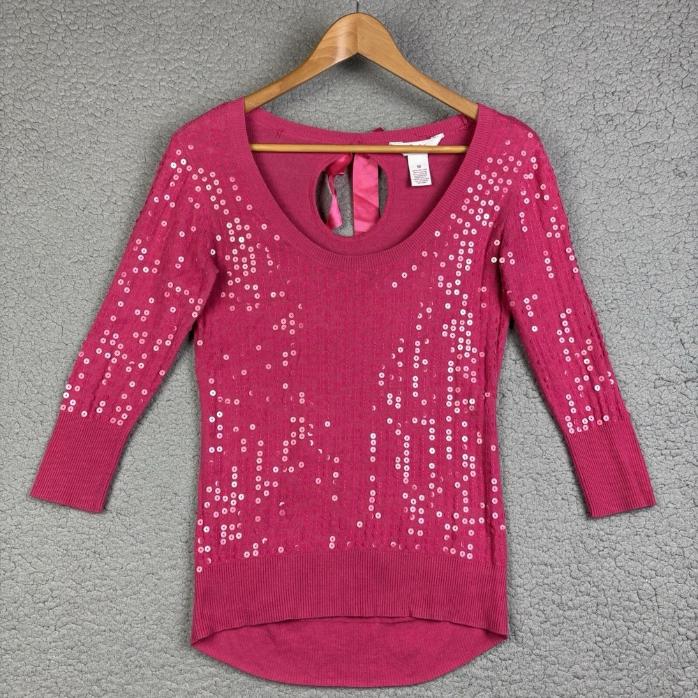 Vtg Candies Pink Sweater Top Women's Size M 3/4 Sleeve Sequins Y2K 90's Tie Back